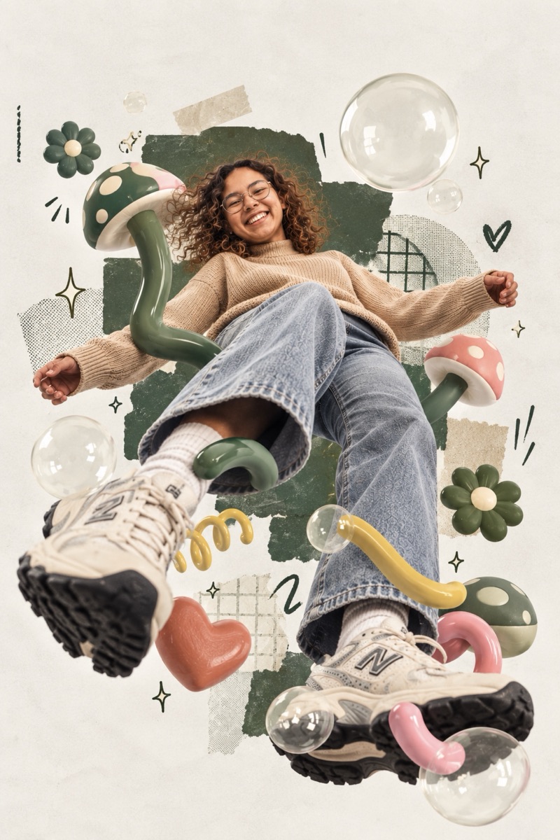 Anyssa Lecomte, souriante, photographiée en contre-plongée sur un collage crème et vert, entourée de bulles, de fleurs et de formes en 3D